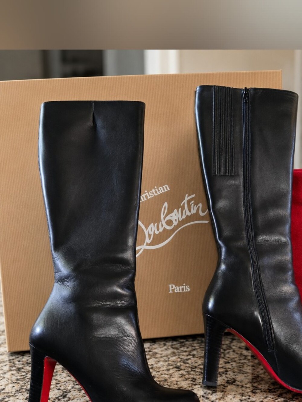 Christian Louboutin Black Leather Knee-High Boots with Red Sole